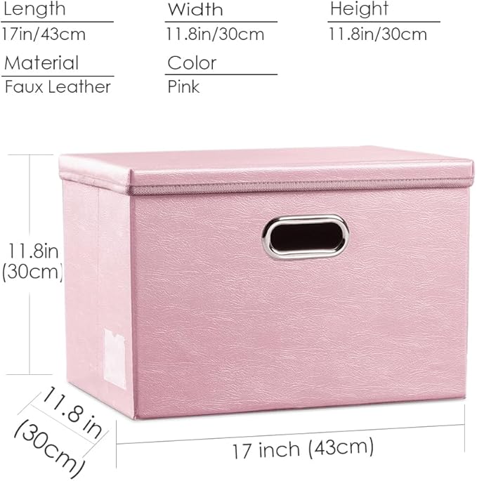 PRANDOM Large Collapsible Storage Box with Lid [1-Pack] Leather Fabric Foldable Storage Bin Organizer Container Basket Cube with Cover for Home Bedroom Closet Office Nursery Pink (17.7x11.8x11.8)-Ruum Studio Home