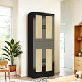 71" Tall Black & Rattan Pantry Cabinet - Boho Chic Kitchen Storage with Doors & Drawer for Dining Room, Hallway or Kitchen Organization-Ruum Studio Home