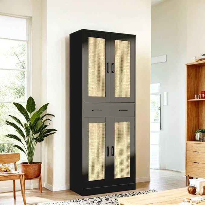 71" Tall Black & Rattan Pantry Cabinet - Boho Chic Kitchen Storage with Doors & Drawer for Dining Room, Hallway or Kitchen Organization-Ruum Studio Home