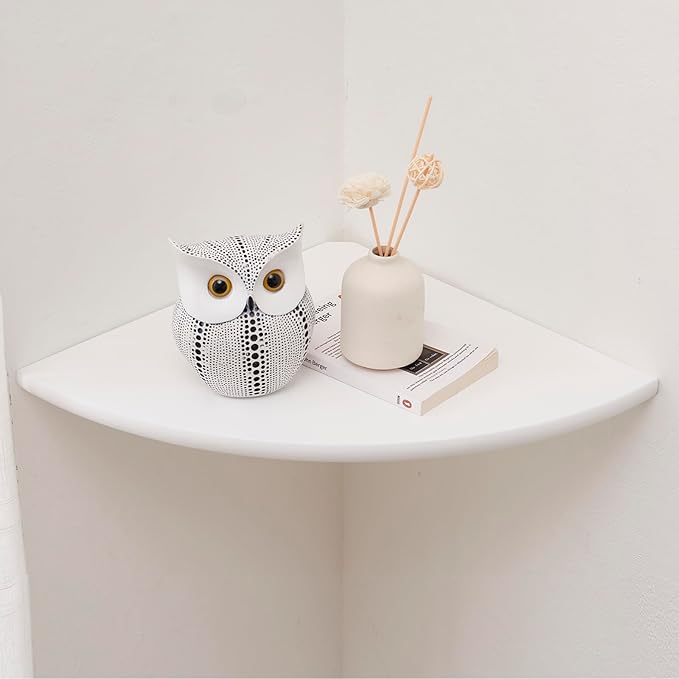 Corner Shelf, White Solid Oak Wood Floating Corner Shelves Wall Mount Round End Floating Speaker Rack Display Shelf for Small Plant Photo Frame (White, 13.8in)-Ruum Studio Home