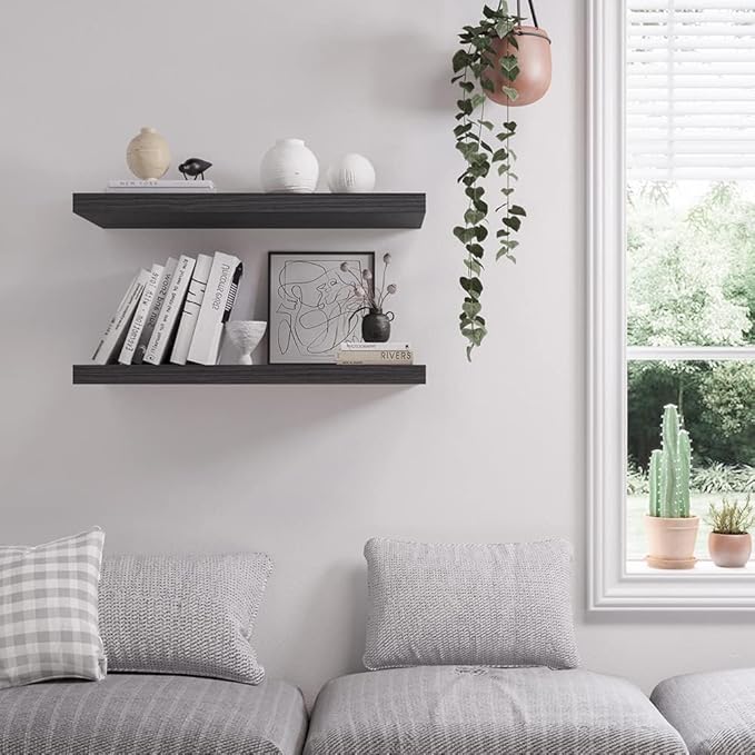 Floating Shelf, Set of 2 Wall Shelf, 36 in W x 12.75 in D x 2 in H Wooden Floating Wall Shelf with Invisible Brackets for Living Room/Bedroom/Bathroom/Kitchen Storage and Decor, Black Wood-Ruum Studio Home
