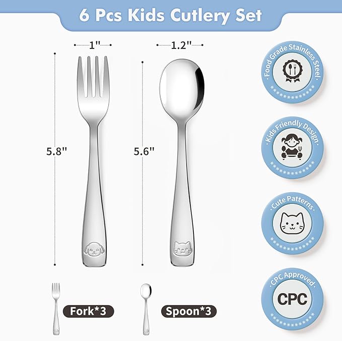 DRKIO Stainless Steel Toddler Utensils Set - 6 Pieces Kids Silverware Set Children Safe Food Grade Small Forks and Spoons Dishwasher Safe Mirror Polished-Ruum Studio Home