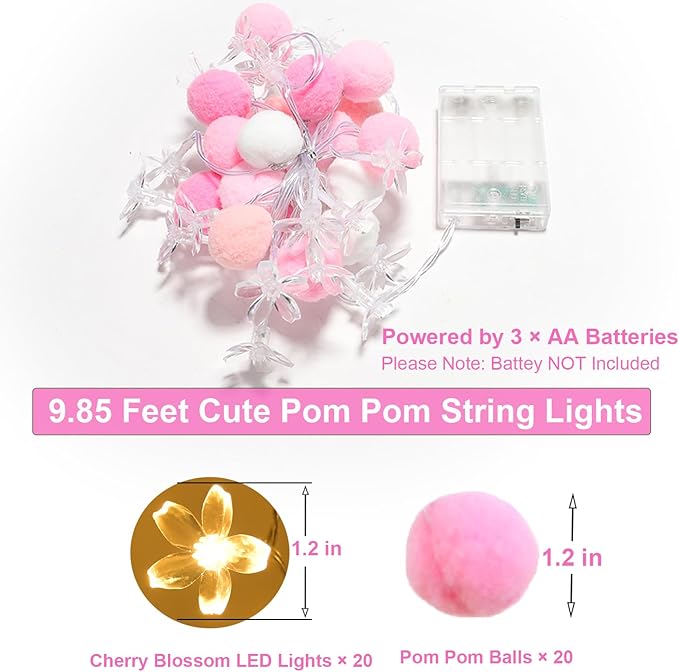 9.85Ft Fairy Lights 20 Cute Pink Pompoms 20 LEDs Cherry Blossom String Garland Battey Operated with Timer Flower Lights for Bedroom Kids Room Party Birthday Wedding Valentines Decoration-Ruum Studio Home