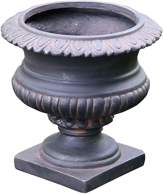VISIBLE Classic Garden Urn Planter with Pedestal, Black Antique Finish, Cement Fiber Material, Decorative Leaf Pattern, 22 Inch Height, Indoor Outdoor Use, Delivered from Local Warehouse (Black)-Ruum Studio Home