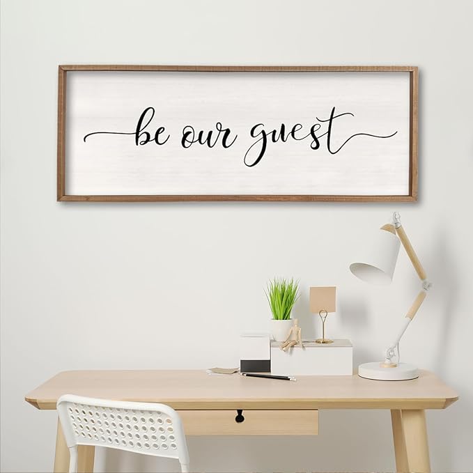 comurdyo Be Our Guest Wall Decor Sign 40”X15” Large Master Bedroom Above Bed Wall Decor Wood Framed Guest Room Sign Simple Rustic Farmhouse Over Bed Bedside Wall Art (Wood)-Ruum Studio Home