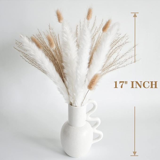 Natural Dried Pampas Grass Decor, White Pampas Grass， Bunny Tails Dried Flowers, Reed Grass Bouquet for Wedding Boho Flowers Home Table Decor, Rustic Farmhouse Party (100 in Total )-Ruum Studio Home