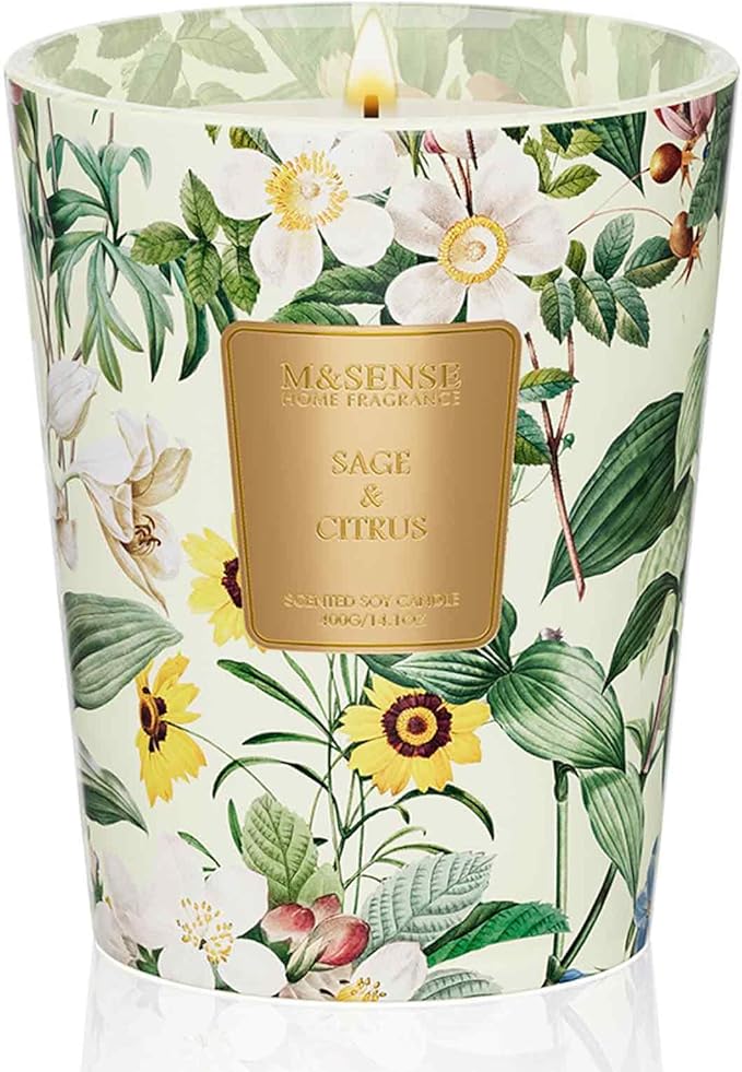 M&SENSE Sage Citrus Scented Natural Soy Wax Candle, 14.1oz 60 Hours Long Lasting Slow Burning Candles for Home Decor, Aromatherapy Candle for Stress Relief-Ruum Studio Home