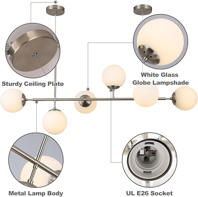KCO Modern Silver Milk Glass Pendant Light 6 Light Pendant Light Fixture Chandelier Brushed Nickel Chandelier Modern Hanging Linear Light Fixture for Dining Room Kitchen Island-Ruum Studio Home