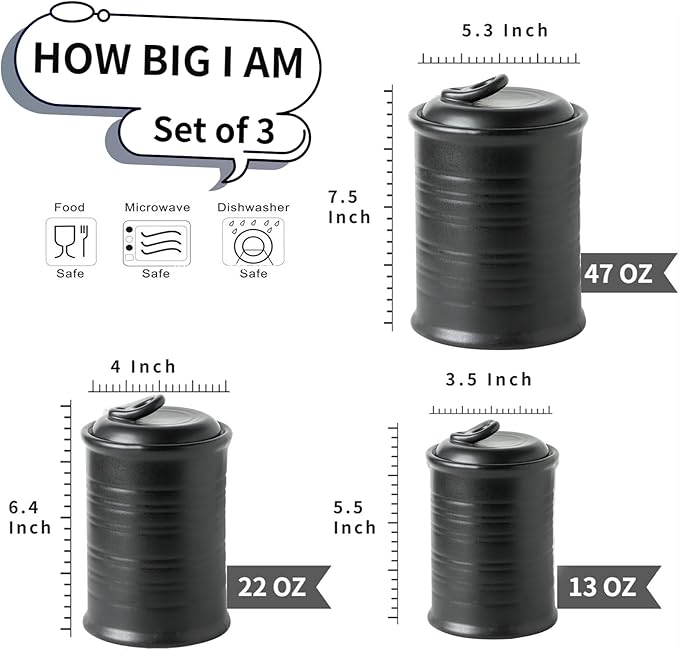 Nihow Food Storage Jar Sets: Ceramic Container with Air Tight Lid for Flour/Sugar/Rice/Coffee/Cookies/Candy - Seal Damp-proof Canister for The Kitchen - Set of 3 （Matte Black）-Ruum Studio Home