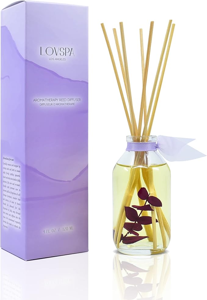 LOVSPA Reed Diffuser Set, DE-Stress Lavender Eucalyptus Scented Oil Diffuser with Sticks, Home Fragrance Accessories for Bathroom Shelf Decor, Aroma Diffusers for Home or Office Desk, USA Made-Ruum Studio Home
