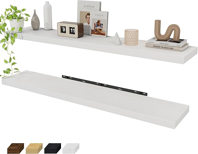 Fun Memories 55 Inch Floating Shelves for Wall 2 Pack Shelves for Bedroom|Kitchen|Bathroom 55 x 9.3 Inch Wood Floating Shelf with Invisible Brackets for Books|Storage|Decor, White-Ruum Studio Home