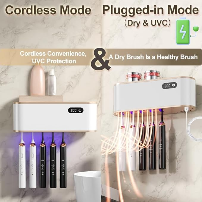 UV Toothbrush Sanitizer Holder for 4 | Wall Mounted Toothbrush Holder for Bathroom with Fan Drying | USB Rechargeable Toothbrush Cleaner & Sterilizer, No Drill Install, Modern Design (White Ⅱ)-Ruum Studio Home