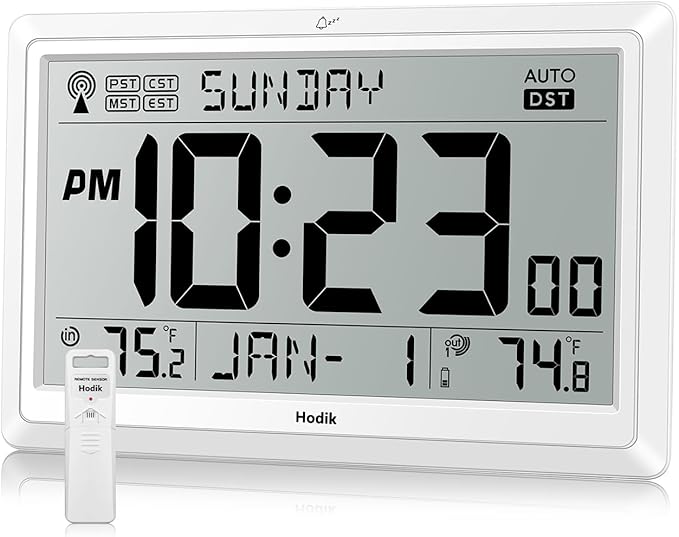 Wall Clock Atomic with Indoor Outdoor Temperature Battery Powered, Easy Reading with 10.5 Inch Large LCD Display, 330FT Range Table Wall Clock with DST, 12/24 Hour for Living Room Kitchen (White)-Ruum Studio Home