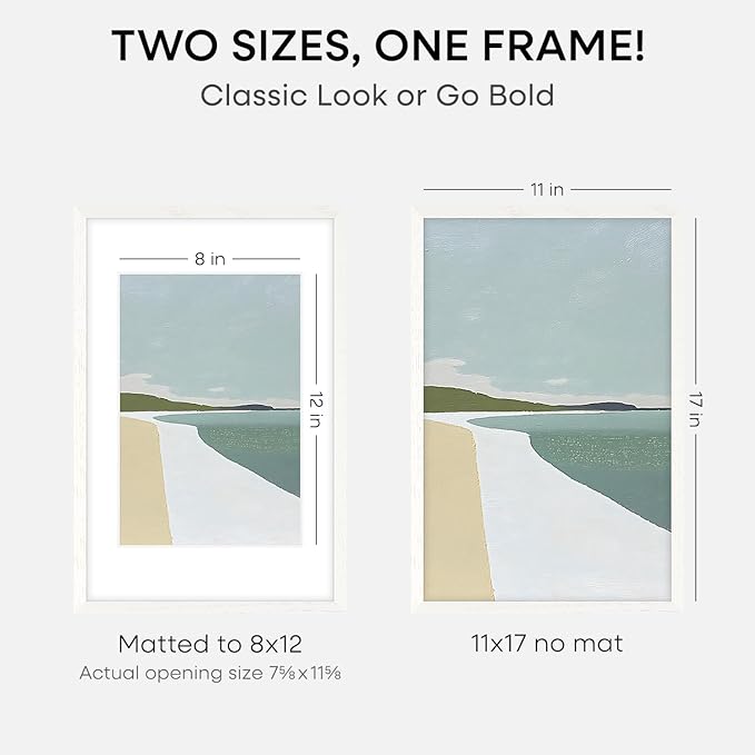 Homeforia 11x17 White Wood Frame, High End Oak 17 x 11 White Wooden Picture Frames with Mat 8 by 12, 11x17 Poster Frame Matted to 8x12 inch Photo, 17x11 Thin Frames, Tempered Glass, Wall Kit, Set of 1-Ruum Studio Home