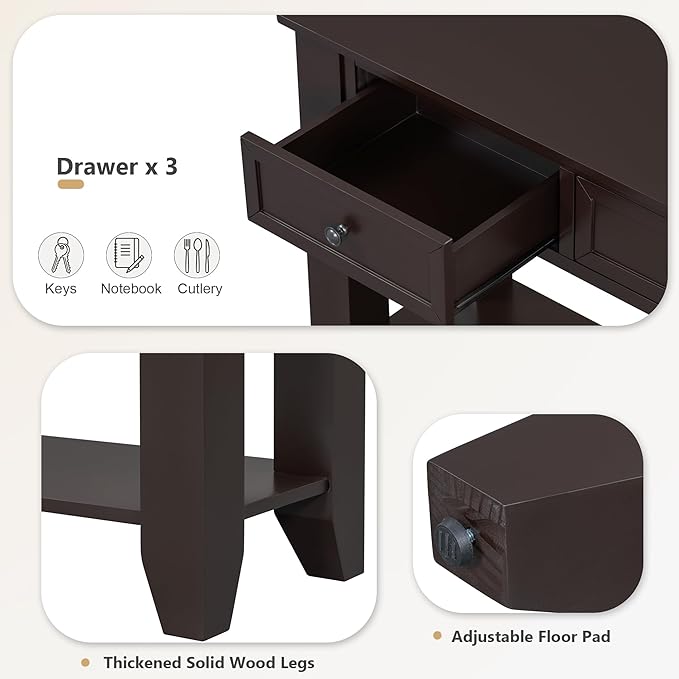 Farmhouse Modern Console Table 55.4-Inch Entryway Sofa Table with Drawers & Storage Shelf for Living Room Hallway Entrance, Dark Coffee-Ruum Studio Home