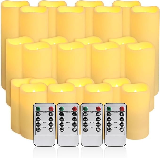 Set of 24 Waterproof Outdoor Flameless Candles,Realistic LED Candles with 4 Remote and Timer,(H 4" 5" 6" x D 2.2"),for Halloween Wedding Festival Decor.-Ruum Studio Home
