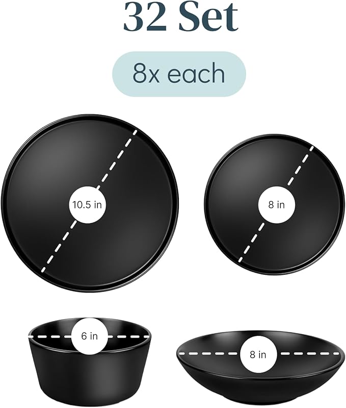 Matte Black Dinnerware Set - 32-Piece Stoneware Set for 8 People - Dishwasher & Microwave Safe - Black Matte-Ruum Studio Home