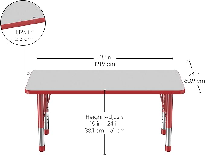 FDP Rectangle Activity School and Kids Classroom Table (24 x 48 inch), Toddler Legs, Adjustable Height 15-24 inches - Gray Top and Red Edge-Ruum Studio Home