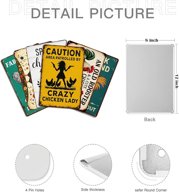 6 Pack Chicken Coop Signs – Vintage Farm Accessories Funny Metal Tin Signs for Outdoor Chicken Coop Decor, Farmhouse Wall Art, Rustic Barn Yard Decorations, 8x12 Inch-Ruum Studio Home