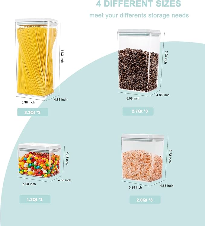 Pop Containers with Lids - Stackable Airtight Food Storage, Kitchen Pantry Storage Containers for Snacks Candy Salt Herbs Spices BPA-Free (12PCS (1.2 + 2.0 + 2.7 + 3.3 Qt) * 3)-Ruum Studio Home