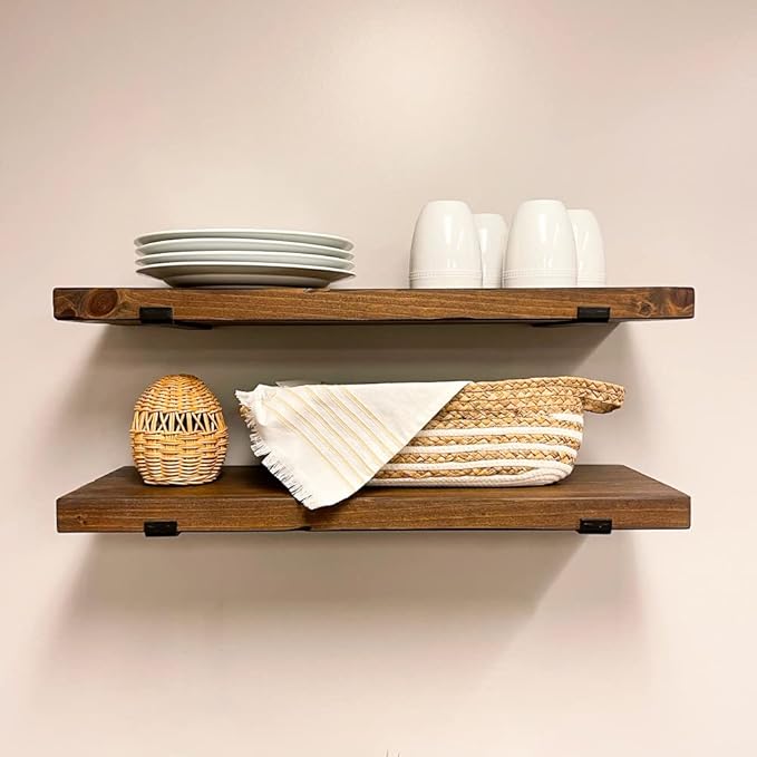 Rustic Shelves with J-Brackets Set of 2, Industrial Shelf, Kitchen Shelves, Solid Wood, Decorative Wall Storage, Heavy Duty, URBANDI (Provincial, 24Wx12D)-Ruum Studio Home