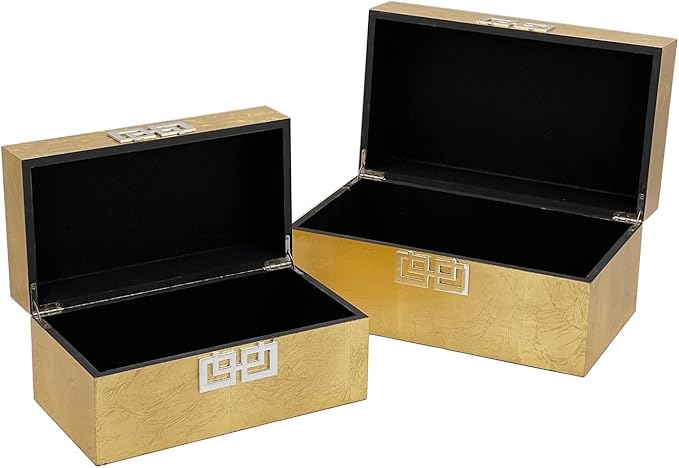 Galt International Storage Box Set Decorative Storage Box w/Hinged Lid Classic Design Wood Decor Boxes with Geometric Clasp Storage for Bedroom & Home - Set of 2 (Gold Leaf)-Ruum Studio Home