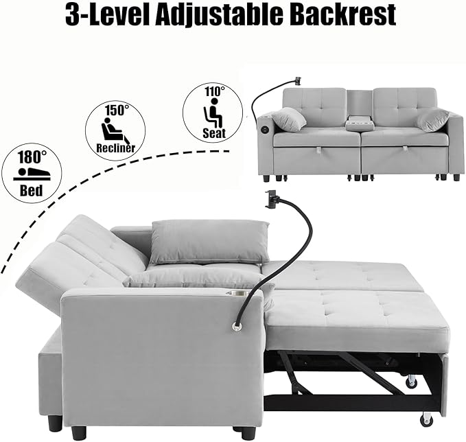 70" Queen Size Sofa Bed for Living Room – Pull-Out Sleeper Sofa Couch with Cup Holder, Phone Holder, USB Charging Port, Solid Wood Frame, Easy Assembly, Space-Saving Design for Small Apartments-Ruum Studio Home