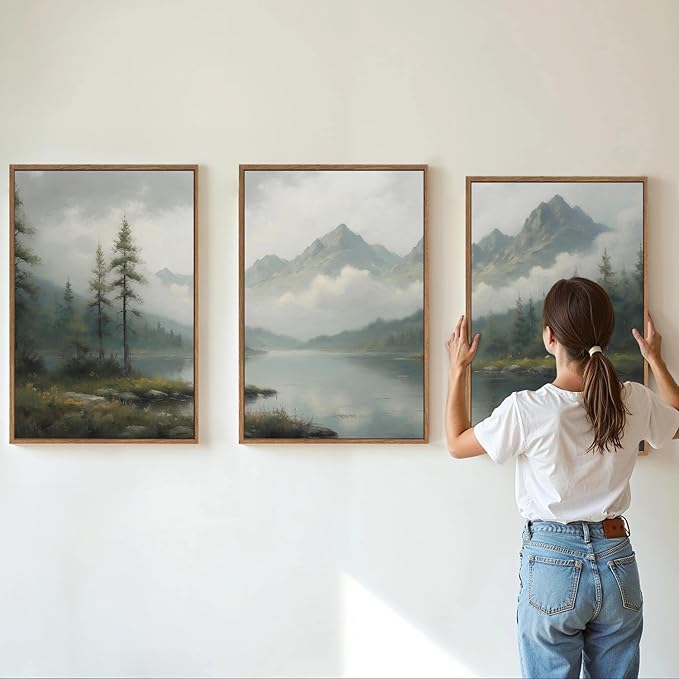 SIGNINART Large Misty Mountain Framed Canvas Wall Art, Green Forest River Scenery Wall Decor, Modern Foggy Wooden Landscape Artwork, Oil Style Nature Art Print for Living Room Bedroom Office 24"x36"x3-Ruum Studio Home
