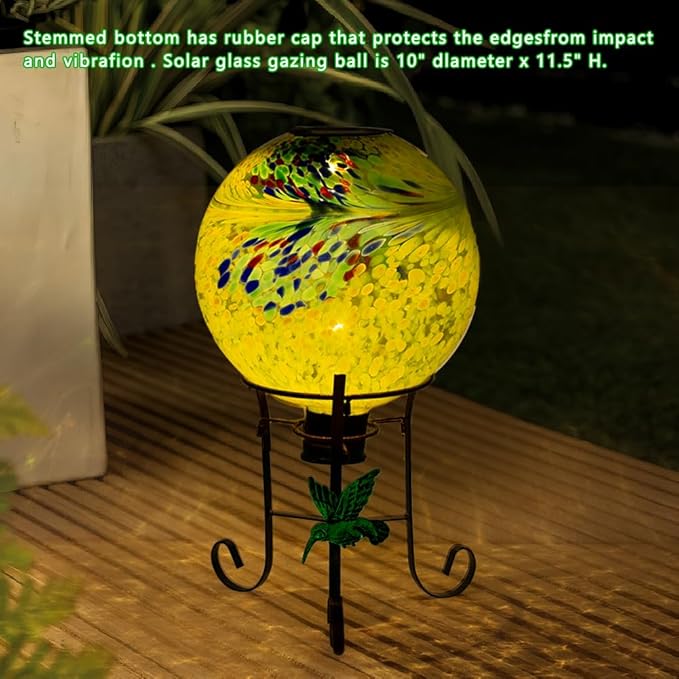 10" Diameter Solar Gazing Ball and 8.5" Metal Stand Indoor Outdoor Glass Globe Sphere Yard Art Ornament Solar Gazing Balls for Garden,Lawn,Porch,Patio Gardening Gift for Women(Yellow)-Ruum Studio Home