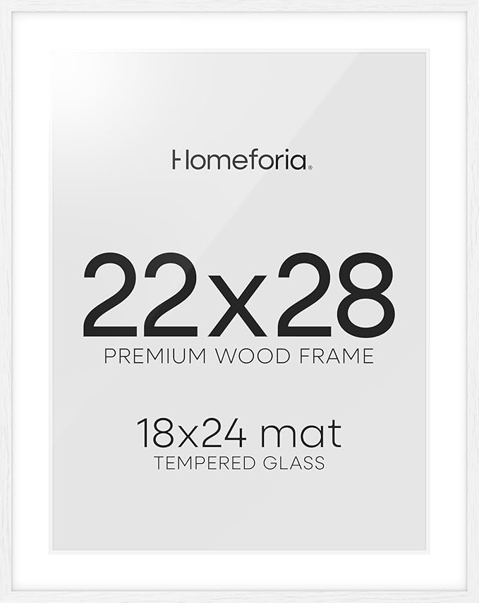 Homeforia 22x28 Poster Frame White, High End Oak 22 x 28 Wood Picture Frame with Mat 18 by 24 for Photo, 22x28 Large Wooden Frame Matted to 18x24, 28x22 Thin Frames, Tempered Glass, Wall Kit, Set of 1-Ruum Studio Home