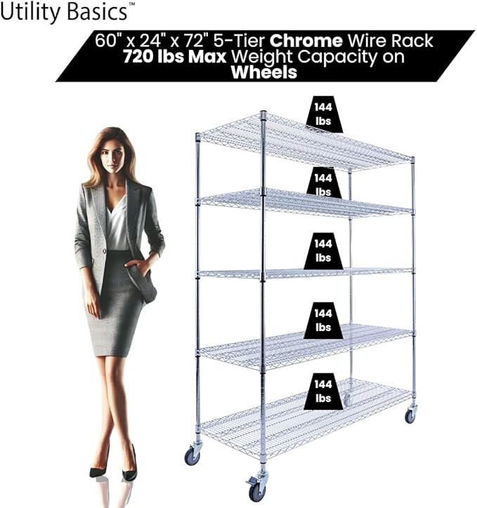 60"x24"x72" Chrome 5-Tier PREMIUM Wire Shelving NSF 4000 LBS MAX CAPACITY Heavy Duty Steel Storage Rack for Warehouses, Garages, Hospitals, Commercial Spaces, & Schools w/PREMIUM WHEELS-Ruum Studio Home