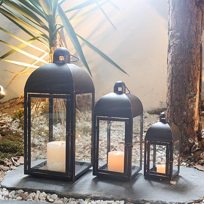 NEEDOMO Lanterns Decorative Outdoor & Indoor, Set of 3 Outdoor Lanterns for Porch, 23" Large Candle Lantern, Bronze Metal Frame with Glass, Vintage Farmhouse, Patio, Pathway, Garden, Fall, Christmas-Ruum Studio Home