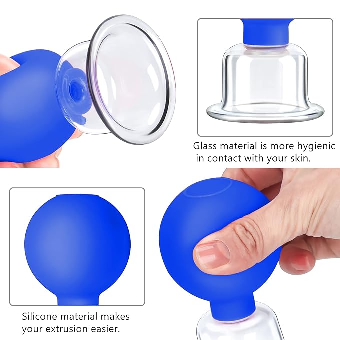 4 Size Facial Cupping Therapy Set Glass, Eye Face Vacuum Massage Anti Cellulite Cup - Silicone Cupping Massage Therapy, for Beauty Body Cup Fascia Massager(Softcover-Blue)-Ruum Studio Home