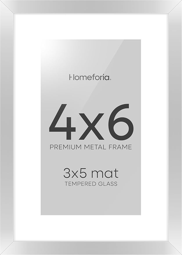 Homeforia 4x6 Picture Frame Silver, High End Metal 4 x 6 Silver Frames with Mat 3 x 5 Print, 4by6 Desk Frame Matted to 3x5 inch Photo, 4 by 6 Wall or Tabletop Frame, Tempered Glass, Wall Kit, Set of 1-Ruum Studio Home