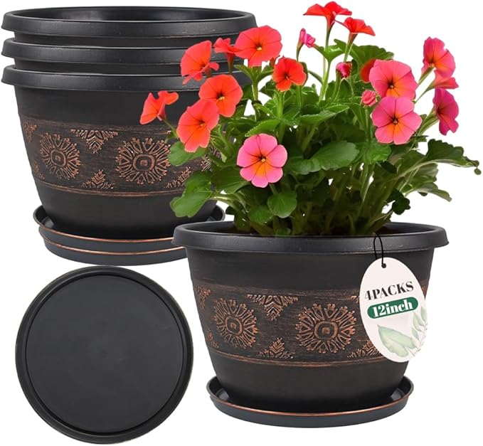 4 Pack 12 inch Plant Pots, Retro Pattern Planters with Drainage Holes and Saucer, Sturdy Plastic Garden Flower Pots for Indoor & Outdoor Plants-Ruum Studio Home