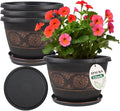 4 Pack 12 inch Plant Pots, Retro Pattern Planters with Drainage Holes and Saucer, Sturdy Plastic Garden Flower Pots for Indoor & Outdoor Plants-Ruum Studio Home