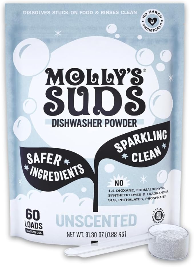 Molly's Suds Dishwasher Powder | Clean Dishwasher Detergent, Cuts Grease & Rinses Clean (Residue-Free) for Sparkling Dishes | 60 Loads (Unscented)-Ruum Studio Home
