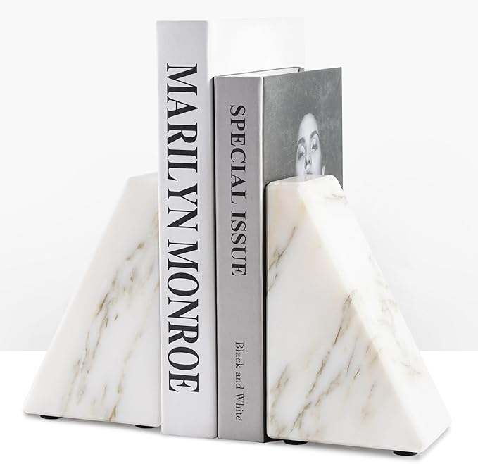 Marble Book Ends White, Heavy Duty Book Ends for Shelves, Decorative Natural Book Stopper，Unique Decorative Bookend for Home Shelves Calacatta Natural Marble Bookend, Set of 2-Ruum Studio Home