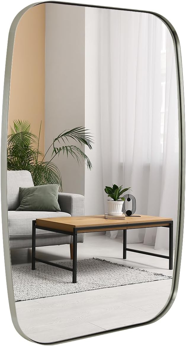 ANDY STAR Brushed Nickel Oblong Mirror, 32x40 Inch Brushed Nickel Oval Mirror for Bathroom with Stainless Steel Metal Frame, Wall Mouned for Bathroom, Living Room, Entryway-Ruum Studio Home