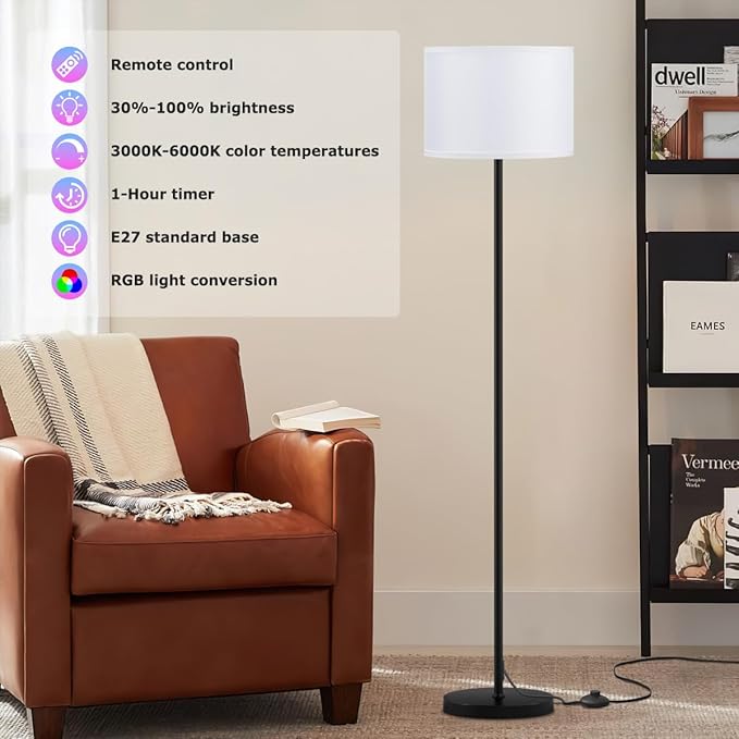 Ambimall Floor Lamp for Living Room with Smart Light Bulb, RGB + Stepless Dimmable Colors Temperature & Brightness(White Shade & Black Pole)-Ruum Studio Home