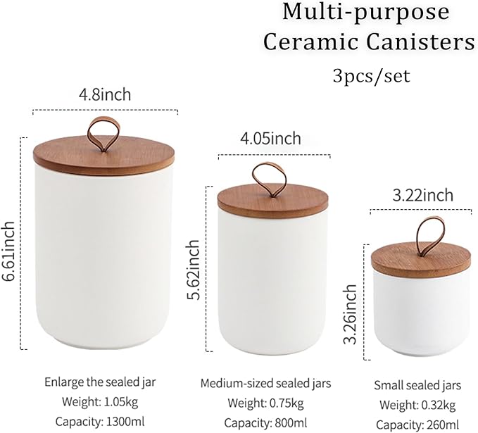 YYW Kitchen Canister Set for Countertop Set of 3, 9/28/45 oz Ceramic Food Storage Containers with Airtight Wood Lids, Food Saver Jars for Coffee, Tea, Candy, Flour(Three-piece suit in white)-Ruum Studio Home