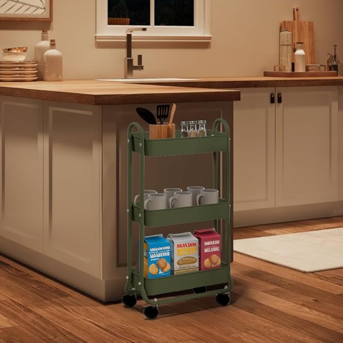 SunnyPoint Slim Rolling Storage Cart, 3 Tier Bathroom Storage Organizer Bathroom, Laundry Utility Cart (Army)-Ruum Studio Home