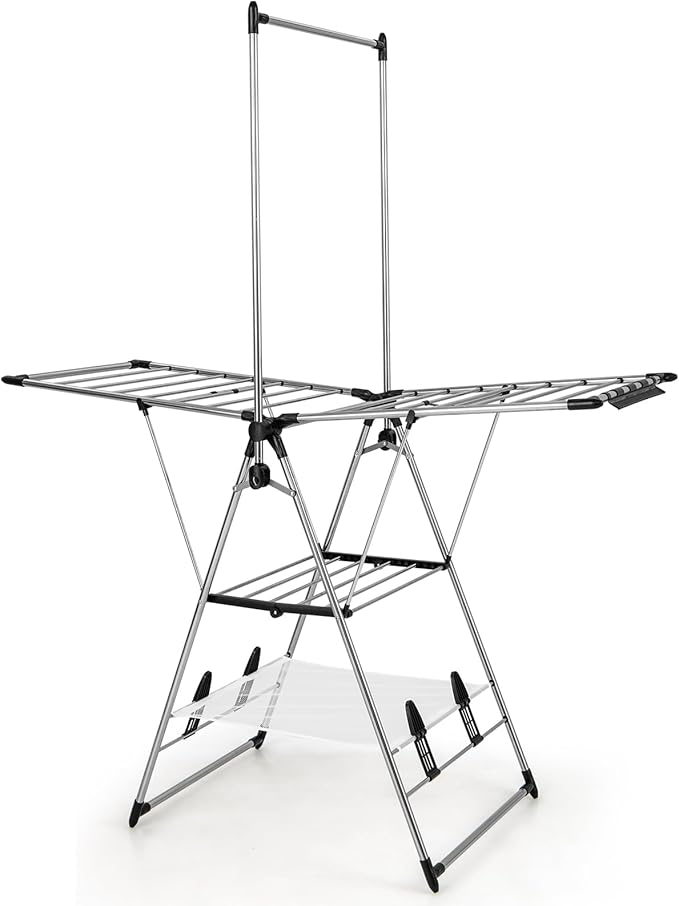 Giantex Clothes Drying Rack, Foldable Laundry Drying Rack with with 6-Level Adjustable Height, High Hanger Design, Side Clips, Space Saving Collapsible Laundry Drying Rack-Ruum Studio Home