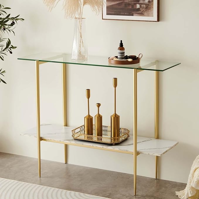 Glass Console Table for Living Room, Foyer & Entrance, 2-Tiers Mid-Century Modern Sofa Table with Clear Glass Top, White Marble Finish Wood Shelf and Gold Finish Frame-Ruum Studio Home