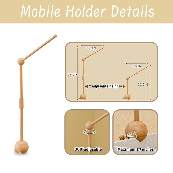Crib Mobile Arm with Music Box,32.5 Inch Crib Mobile Stand,Wooden Mobile Arm for Crib (2 Modes,360°Adjustable,100% Beech Wood) Baby Crib Mobile for Boy and Girl-Ruum Studio Home