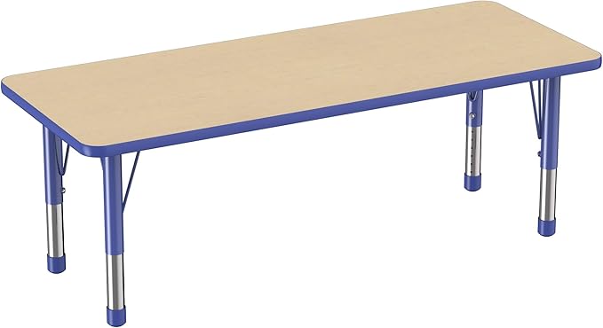 Factory Direct Partners FDP Rectangle Activity School and Classroom Kids Table (24 x 60 inch), Chunky Toddler Legs, Adjustable Height 15-24 inches - Maple Top and Blue Edge-Ruum Studio Home
