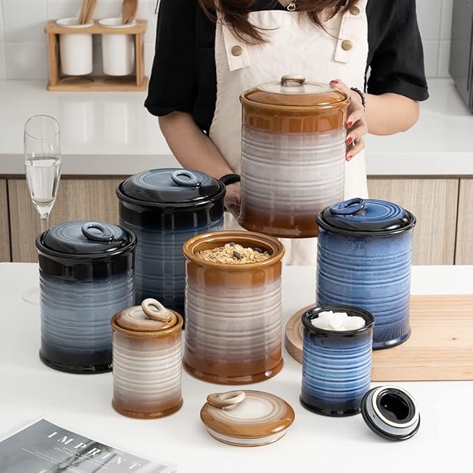 Nihow Ceramic Food Storage Jar Sets: Container with Air Tight Ceramic Lid for Flour/Sugar/Rice/Coffee/Cookies/Candy - Seal Damp-proof Canister for The Kitchen - Set of 4 (Brown)-Ruum Studio Home