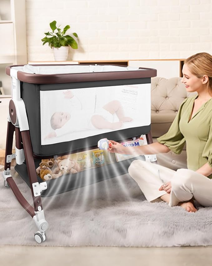 4 in 1 Baby Bassinet, Bassinets Bedside Sleeper with Wheels and Storage Basket, Adjustable 7 Heights Bedside Sleeper with Mosquito Net, Breathable Mesh Rocking Bassinet for Baby-Ruum Studio Home