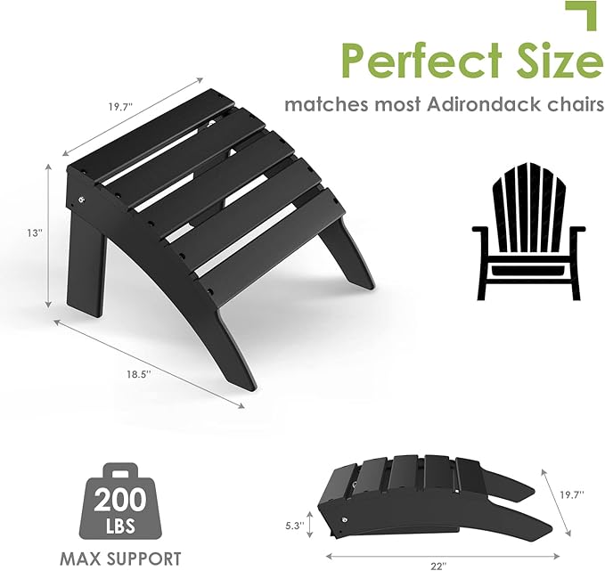 GREENVINES Adirondack-Ottoman | HDPE Plastic | Outdoor Footrest | All Weather | Foot Rest | Foot Stool | Black | for Adirondack Chair | for Patio Backyard Pool-Ruum Studio Home