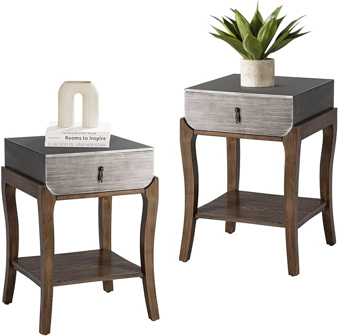 COSIEST Set of 2 Rustic Nightstand, 2-Tier Farmhouse Bedside Table, Wood Accent End Table with Storage Drawer and Open Display Shelf for Bedroom Nursery Living Room (Walnut & Silver)-Ruum Studio Home